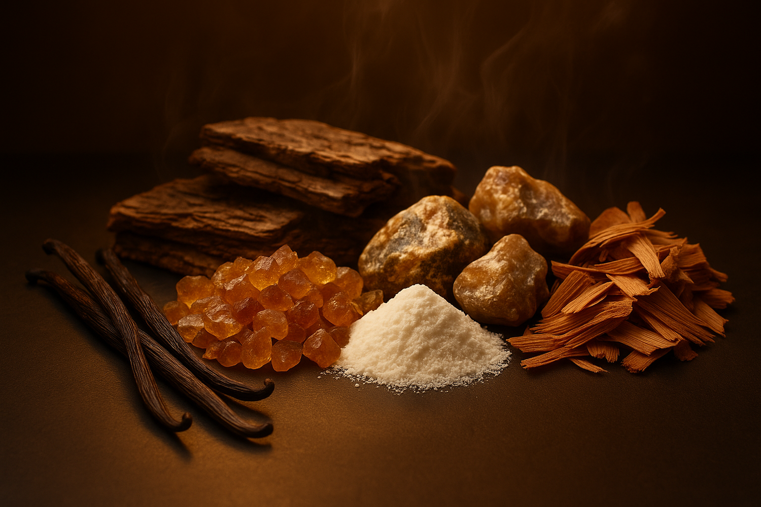 Give ingredient image based on the following - The base lingers with rich vanilla, creamy caramel, soft musk, and deep woody notes, enhanced by the allure of ambergris and cedarwood. A perfect blend of opulence and warmth.