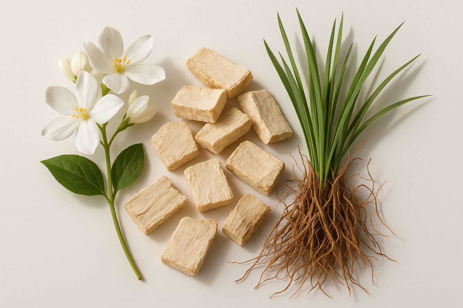 Give ingredient image based on this story - The heart unfolds with elegant jasmine, soft orris, and earthy vetiver, creating a balanced floral-woody core.