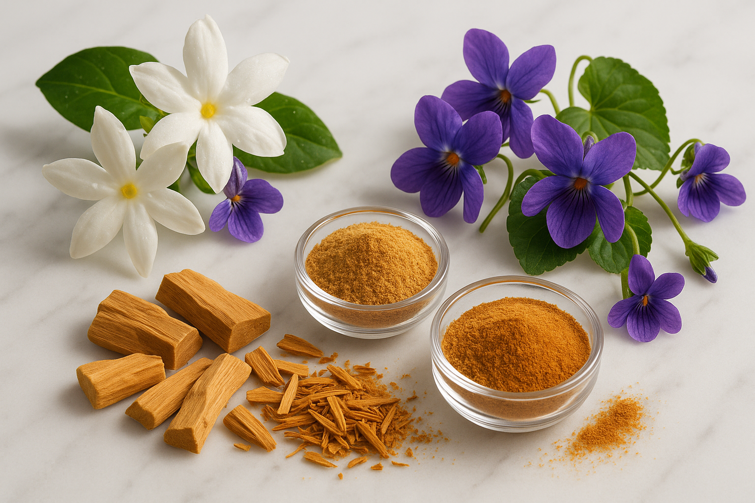 Give me ingredient image based on this story - The heart reveals a soft floral blend of jasmine and violet, wrapped in creamy sandalwood