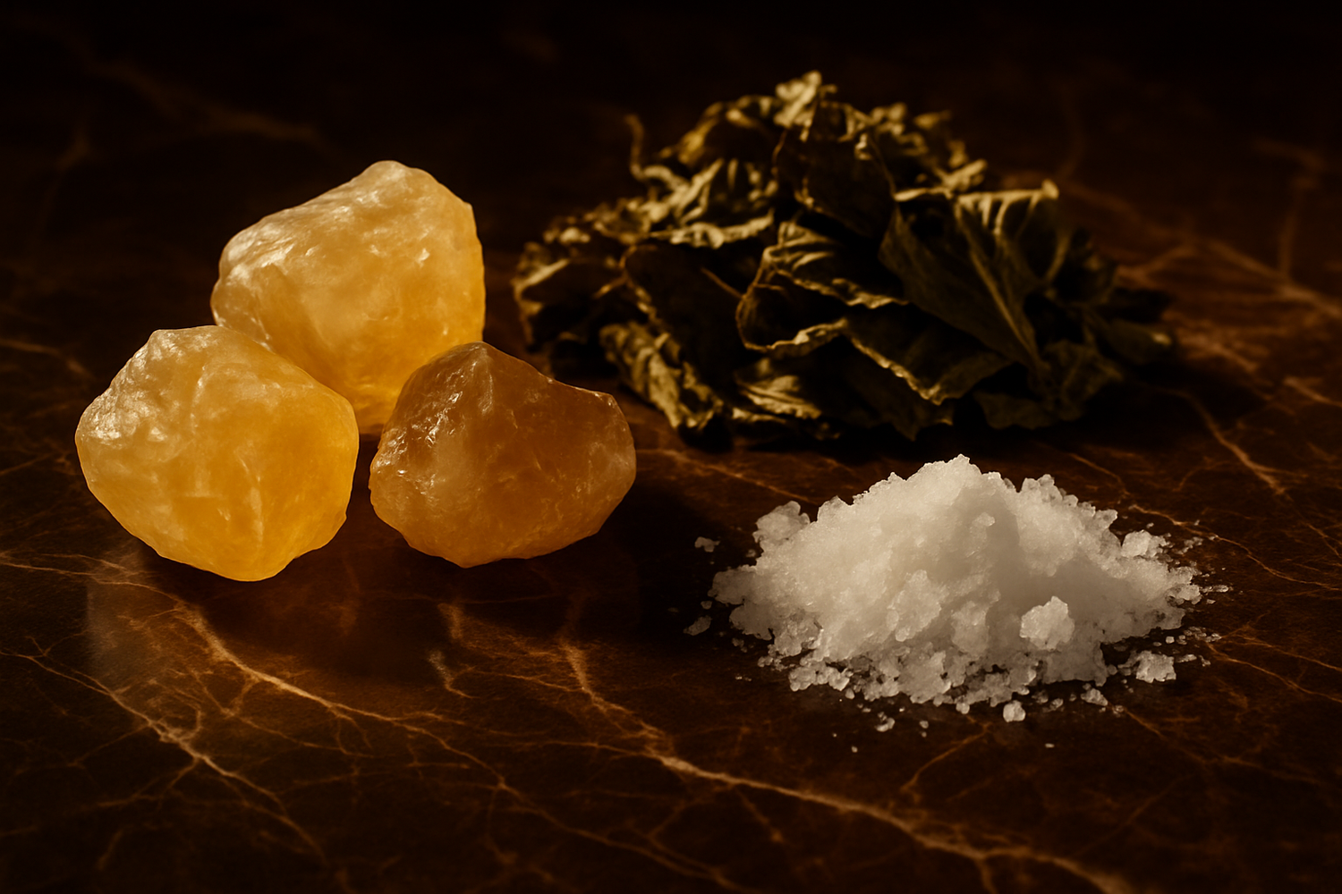 Give ingredient image based on this story - The base is rich and sensual, with musk, patchouli, and ambergris, leaving a long-lasting, smooth trail