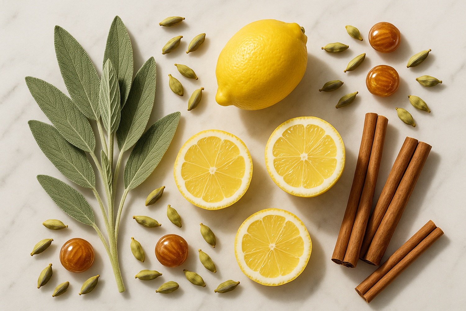 Give ingredient photo based on this story - An invigorating opening with notes of sage and lemon that develop into aromatic tones of cardamom and cinnamon infused with the addictive scent of praline