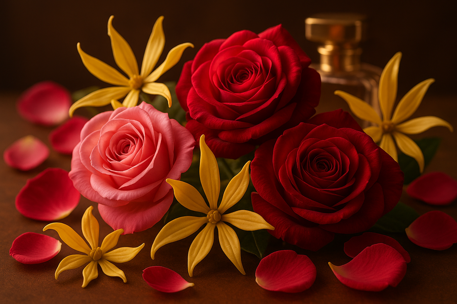 Give ingredient image based on this story - The heart features a classic floral duo of rose and ylang-ylang, adding richness and femininity. 