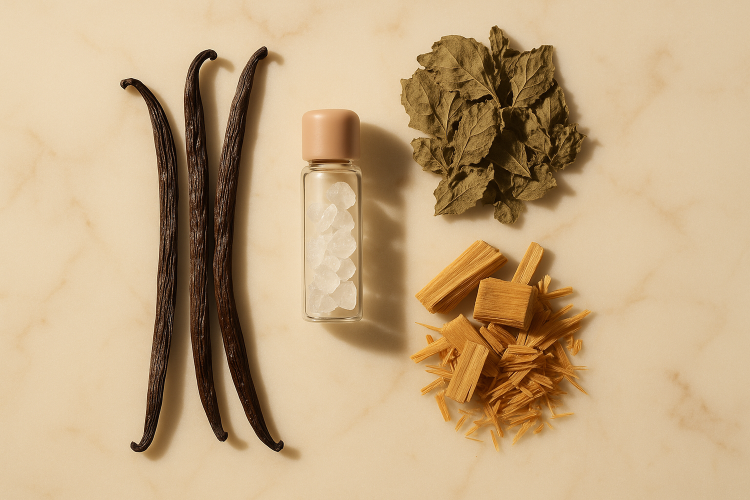 Give ingredient image based on this story - The base is warm and creamy, with vanilla, musk, patchouli, and sandalwood, leaving a smooth and lasting impression of refined sophistication.