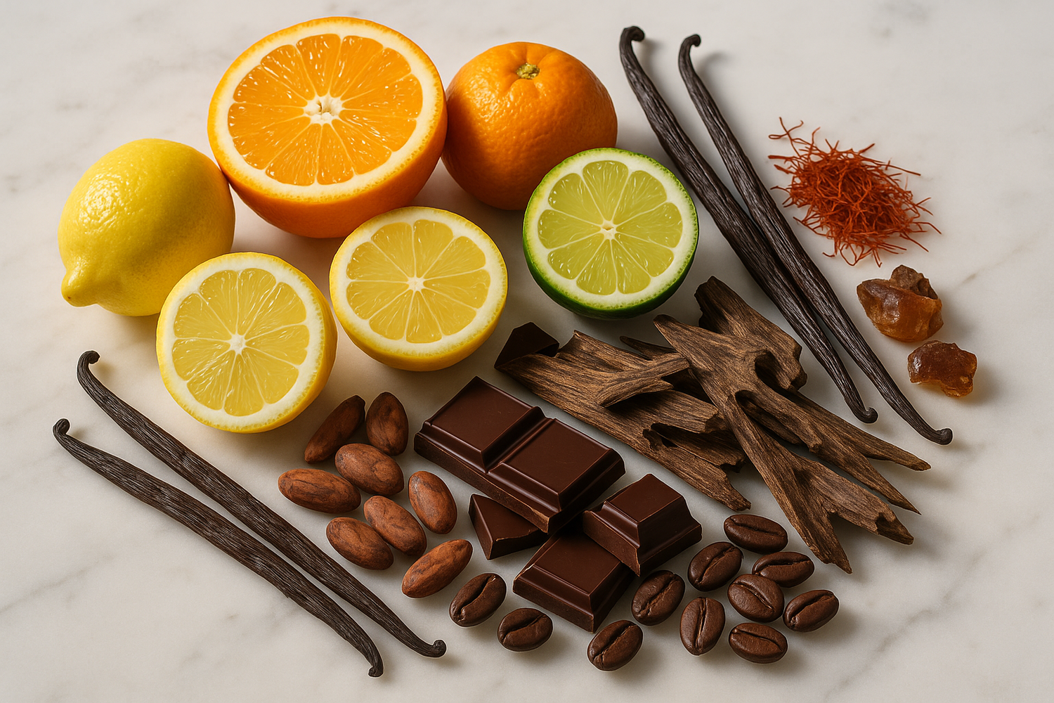Give ingredient photo based on the following story - A burst of electric citrus introduces the fragrance as it flows into a sweet vanilla. The intoxicating oud oil is tastefully accompanied by the rich saffron and delicious chocolate.