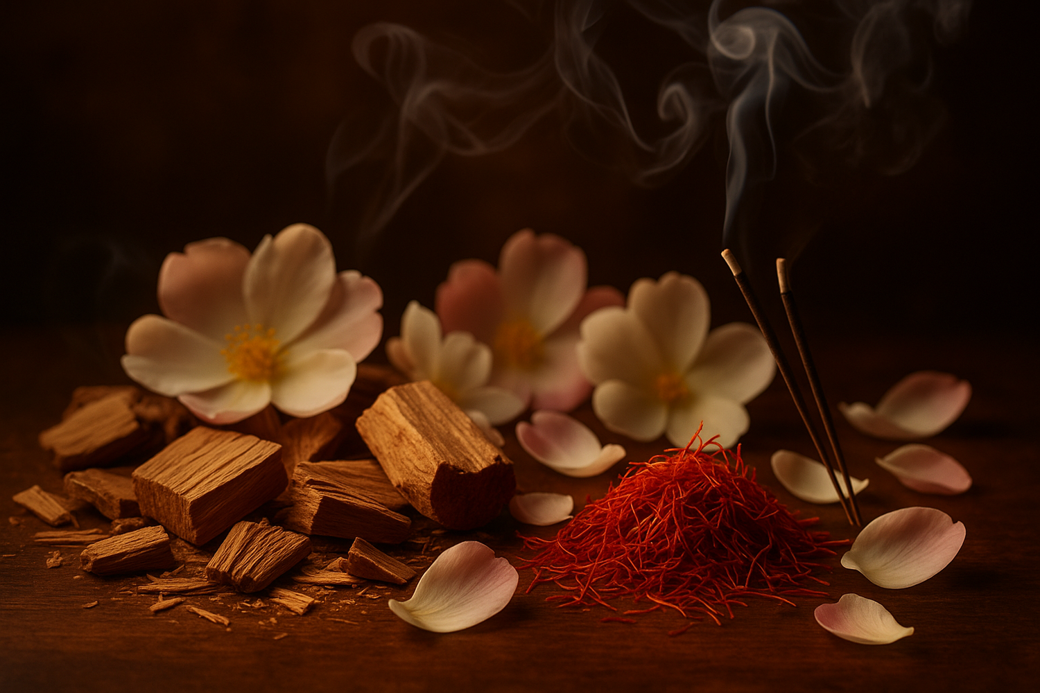 Give ingredient image - As the heart emerges, cedarwood, saffron, delicate florals, and a veil of incense create a smoky, sophisticated aura mystical yet grounded