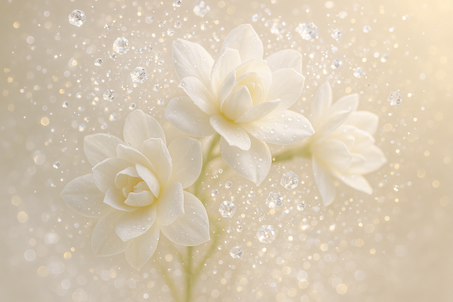 Give ingredient image based on this story - Gracefully unfolding into a heart of delicate jasmine and sparkling aldehydes
