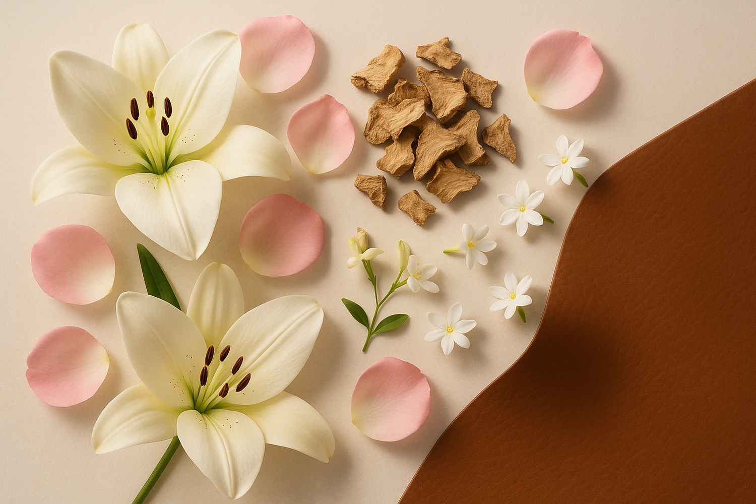 Give ingredient image - Lily, Rose, Orris, Jasmine, Leather