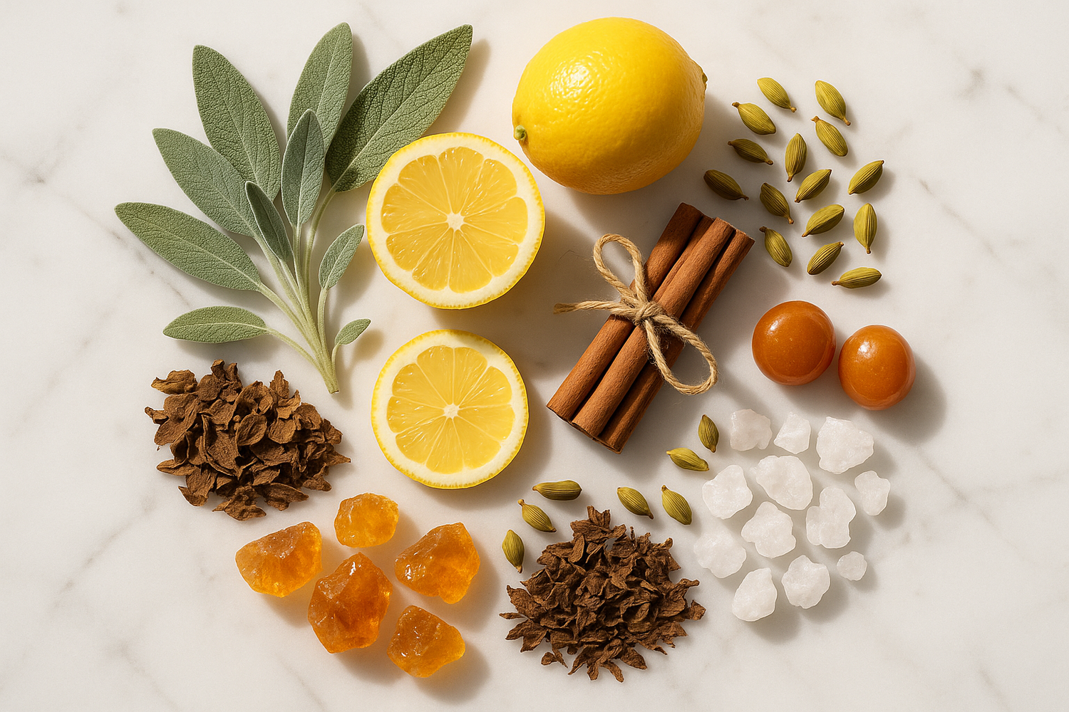 Give me ingredient photo based on this story - A bright fragrance that is absolutely refreshing. Laeqa is a free-spirited perfume for all; those who are confident and strong and have a zest for life. An invigorating opening with notes of sage and lemon that develop into aromatic tones of cardamom and cinnamon infused with the addictive scent of praline. The base unfolds with notes of patchouli and amber blended with musk to create a daring fragrance