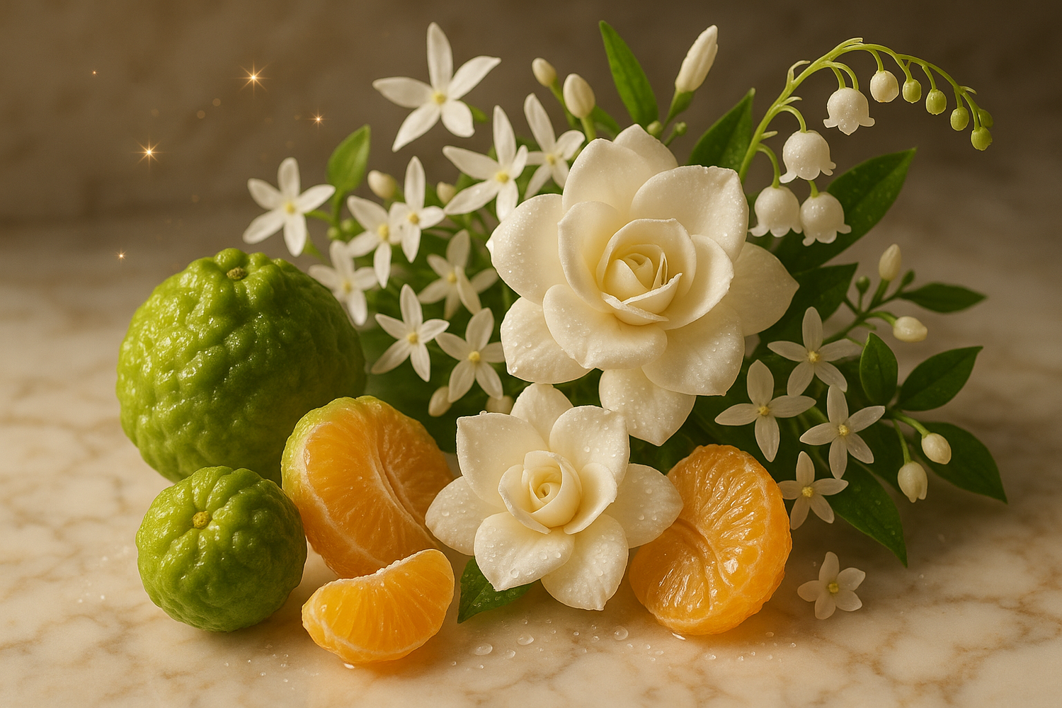 Give ingredient image based on this story - The sparkling notes of bergamot and mandarin orange blend with floral hints of gardenia, jasmine, and lily of the valley, which transmit a pleasant sensation of irresistible sensuality
