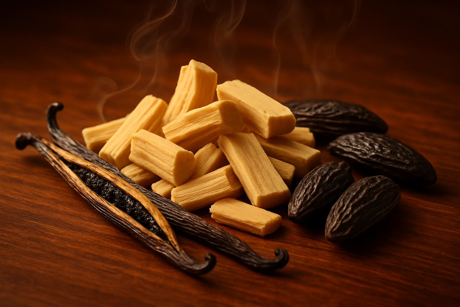 Give ingredient photo based on this story - The creamy sandalwood, vanilla, and tonka coalesce into one, creating an exceptional oriental composition