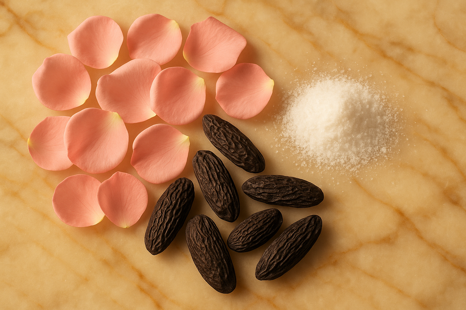 Give ingredient image based on these ingredients - At the heart features a comforting mix of powdery musk, tonka bean, and rose, adding warmth and floral sweetness