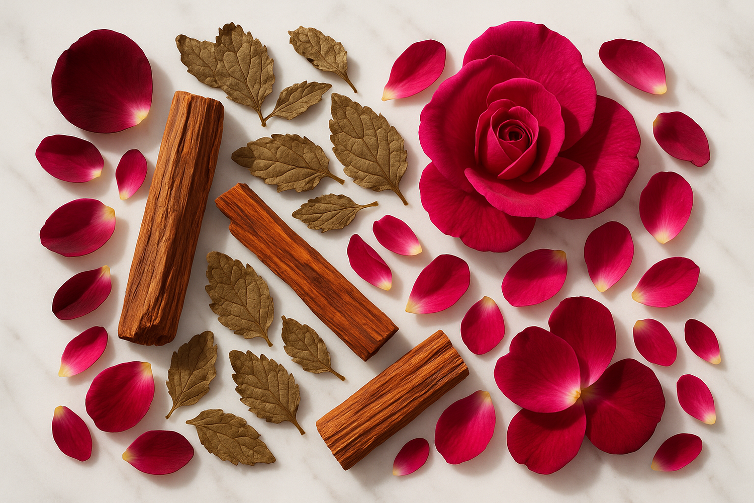 Give ingredient photo based on this story - At the heart, velvety rose, earthy patchouli, and drywood create a rich, floral-woody depth