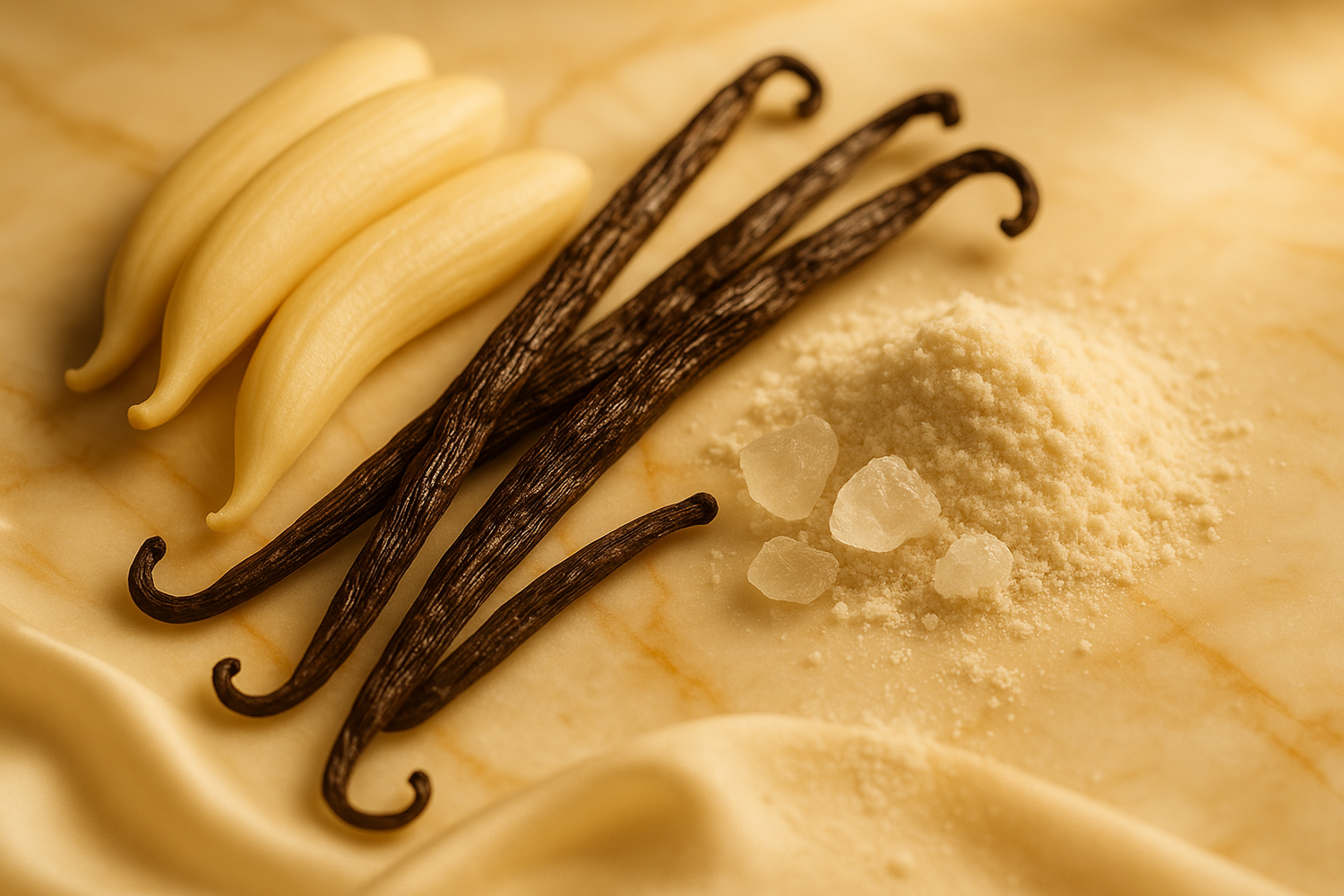 Create ingredient image based on this story - Resting on a sensual base of creamy vanilla and soft musk