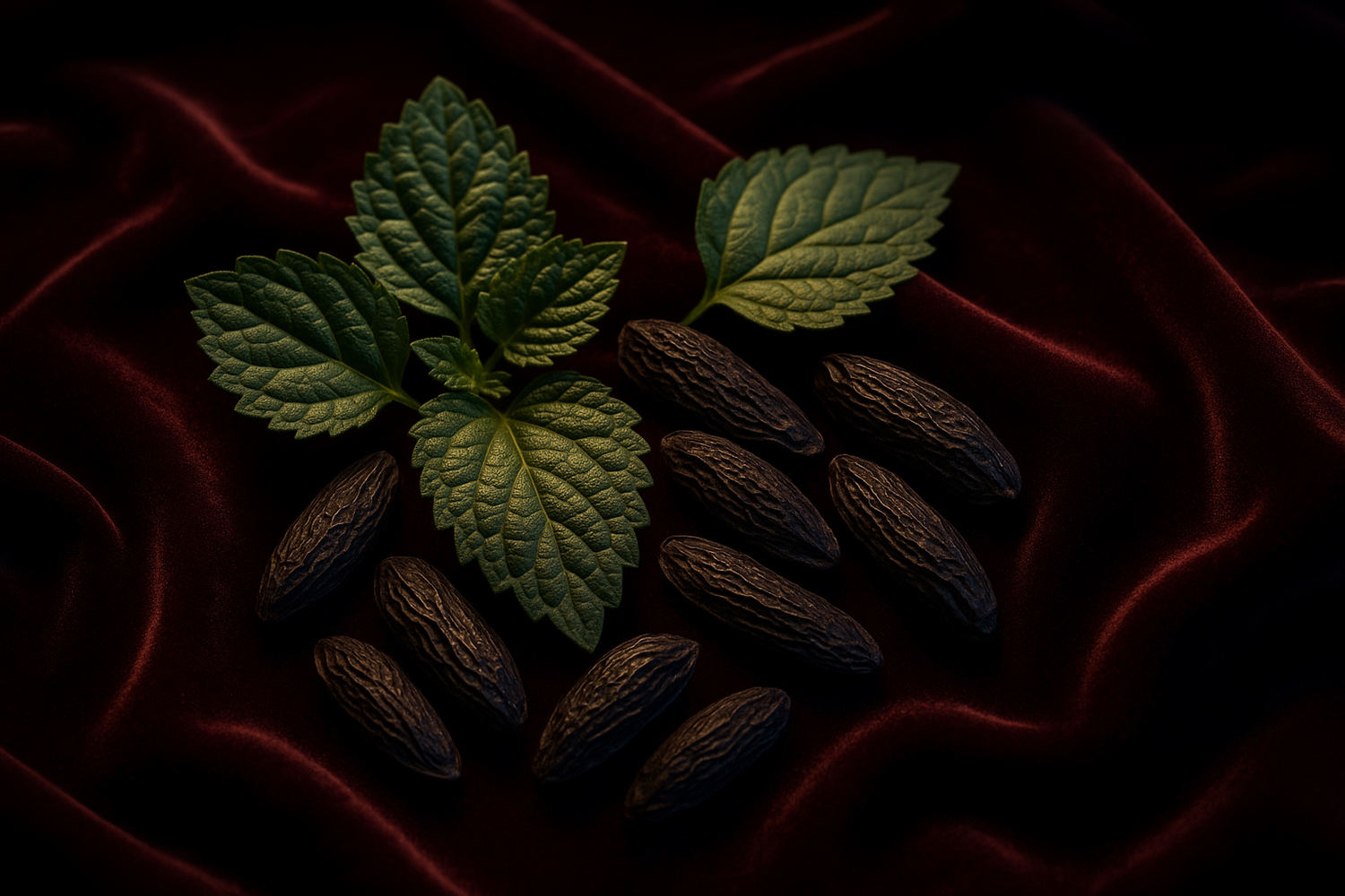 Give ingredient image based on this story - Deep within, patchouli and tonka bean unfold like velvet against the skin