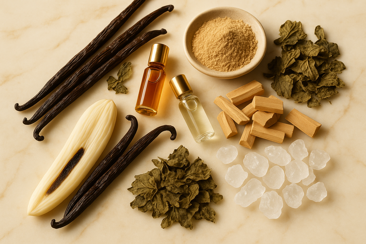 Give ingredient photo based on this story - The scent settles into a warm and sensual base creamy vanilla and silky musk blend with earthy patchouli and smooth sandalwood, leaving a comforting and lingering trail of sophistication and depth
