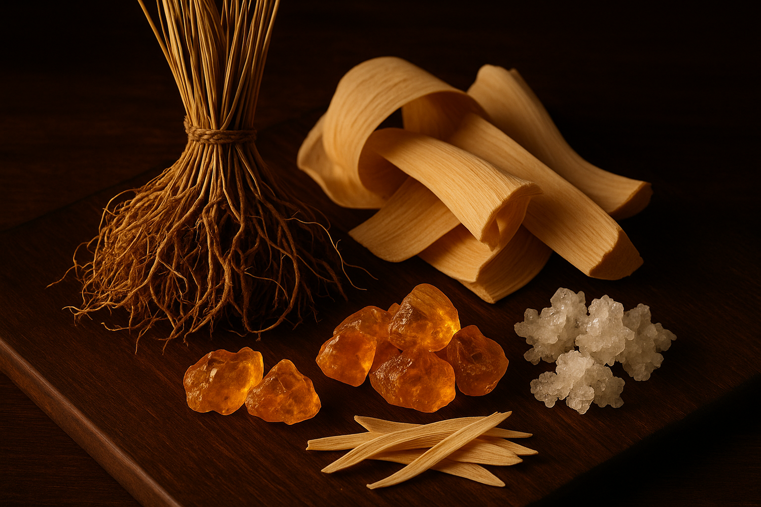 Give ingredient image based on this description - Anchored by a rich base of vetiver, sandalwood, amber, and musk, this scent leaves a lasting, sensual trail